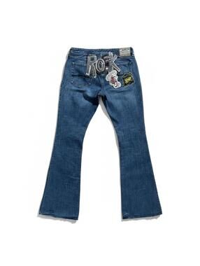 Parasuco Y2K Low Rise Flare Jeans Patchwork Raw Hem Denim 29 Blue
